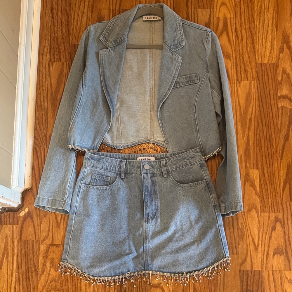 Chic Denim Jacket and Skirt Set with Fringe